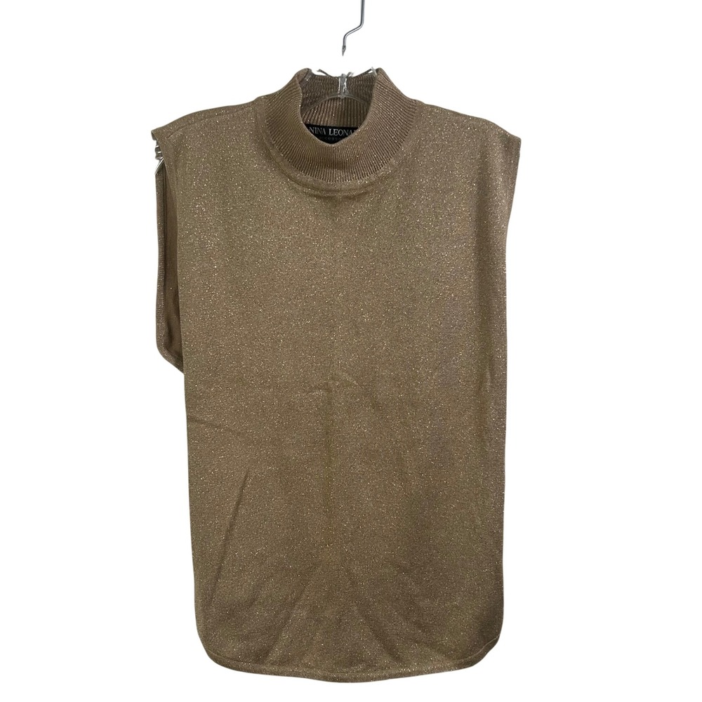 Nina Leonard Gold Metallic Silk Blend Mock Neck Open Side Sleeveless Top 1X